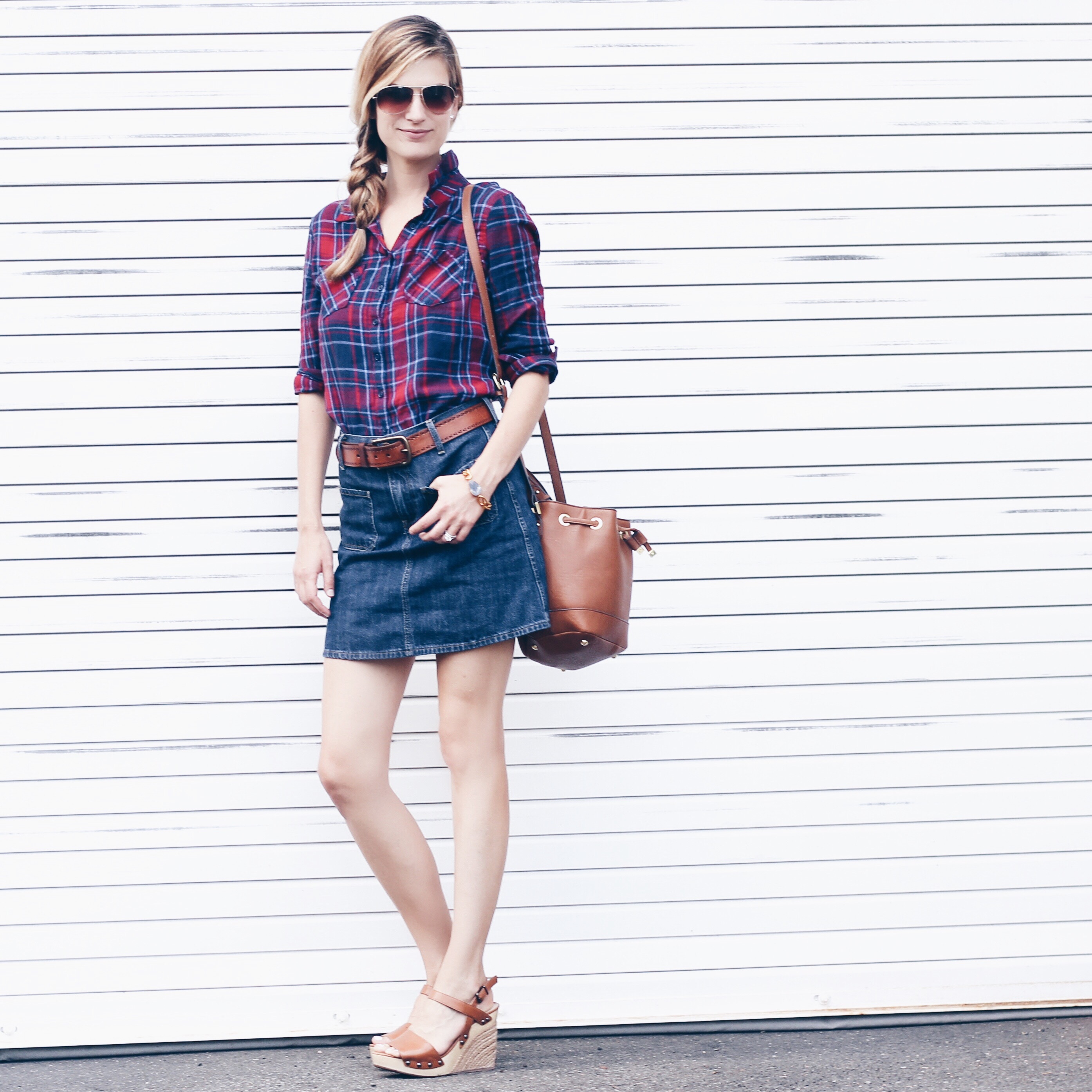 flannel shirt with denim skirt