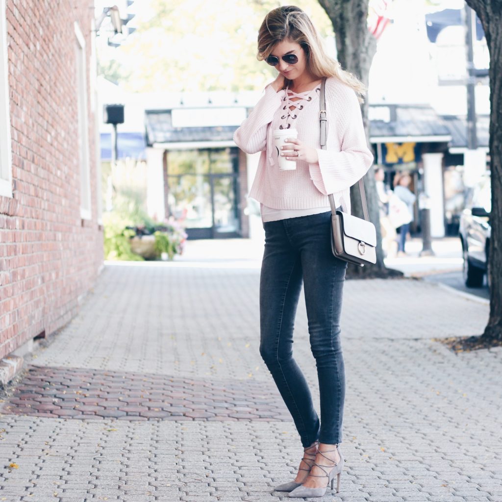 Fall Outfit Pink Lace Up Sweater | Pinteresting Plans