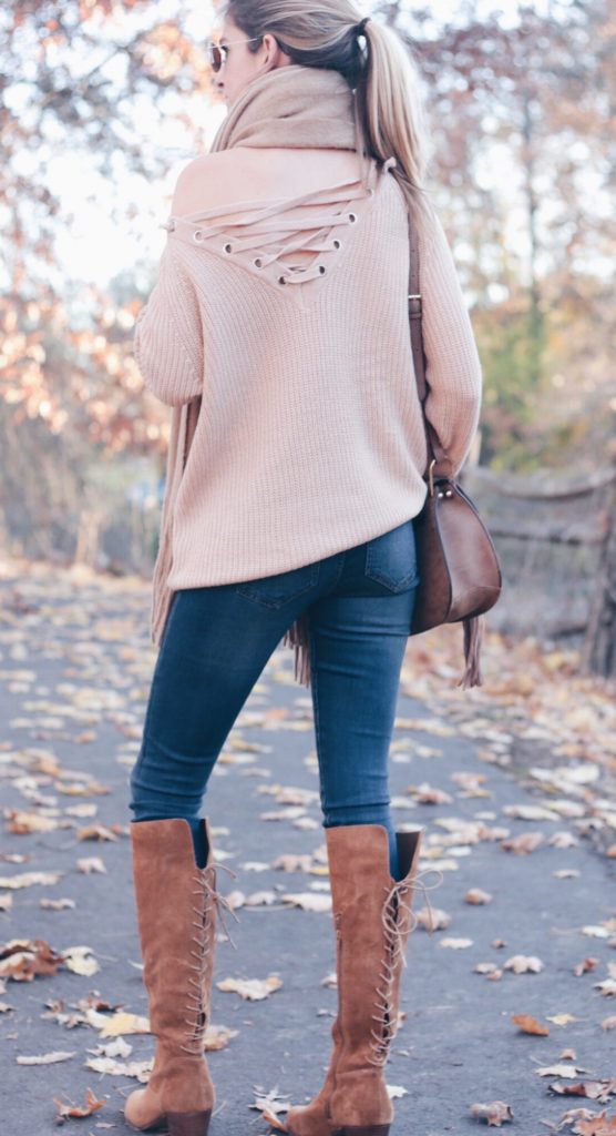Casual Sweater and Leggings Outfit Lace Up Sweater and