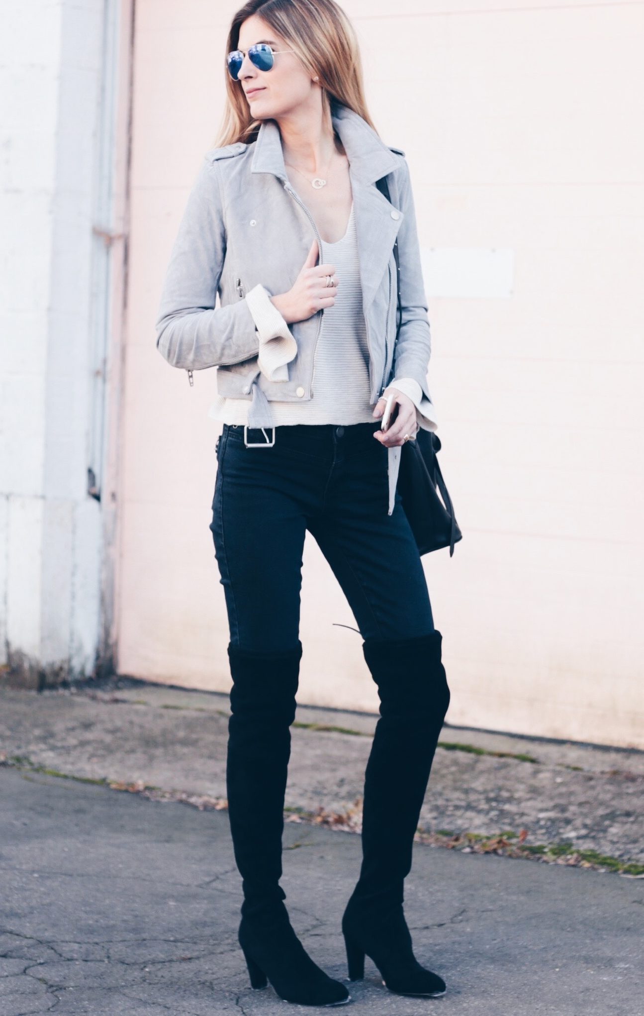 gray suede moto jacket with over the knee boots - Pinteresting Plans