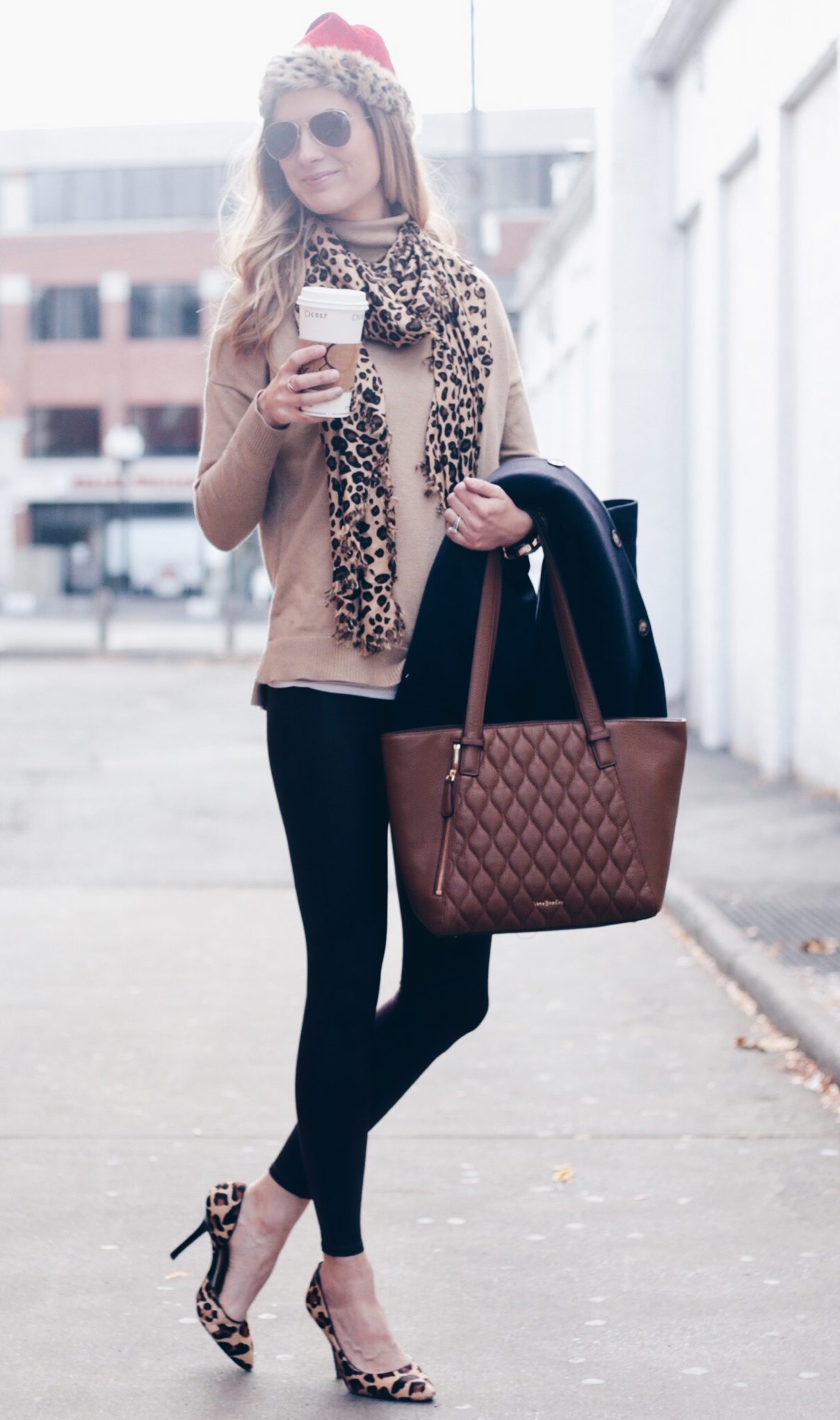 woman's holiday outfit: leopard pumps and scarf with leopard trim santa ...