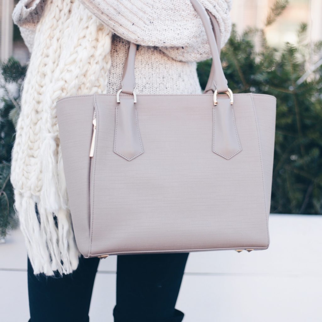 The Must Have Bag A Neutral Tote Pinteresting Plans Winter Leggings Outfit With Neutral Sweater And Over The Knee Boots