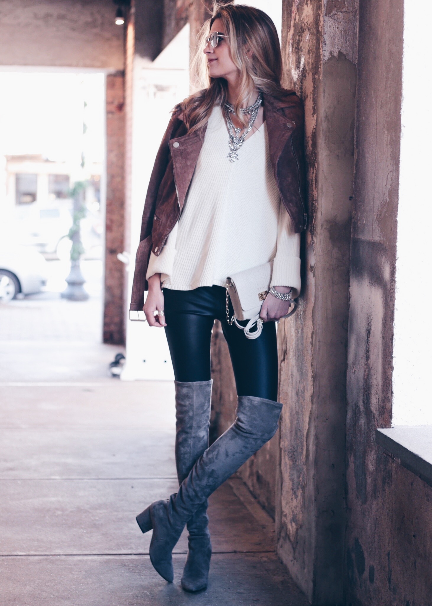 Winter Leggings Outfit Leather Leggings with Suede Moto Jacket and Over the Knee Boots
