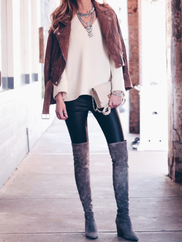 Winter Leggings Outfit Leather Leggings with Suede Moto
