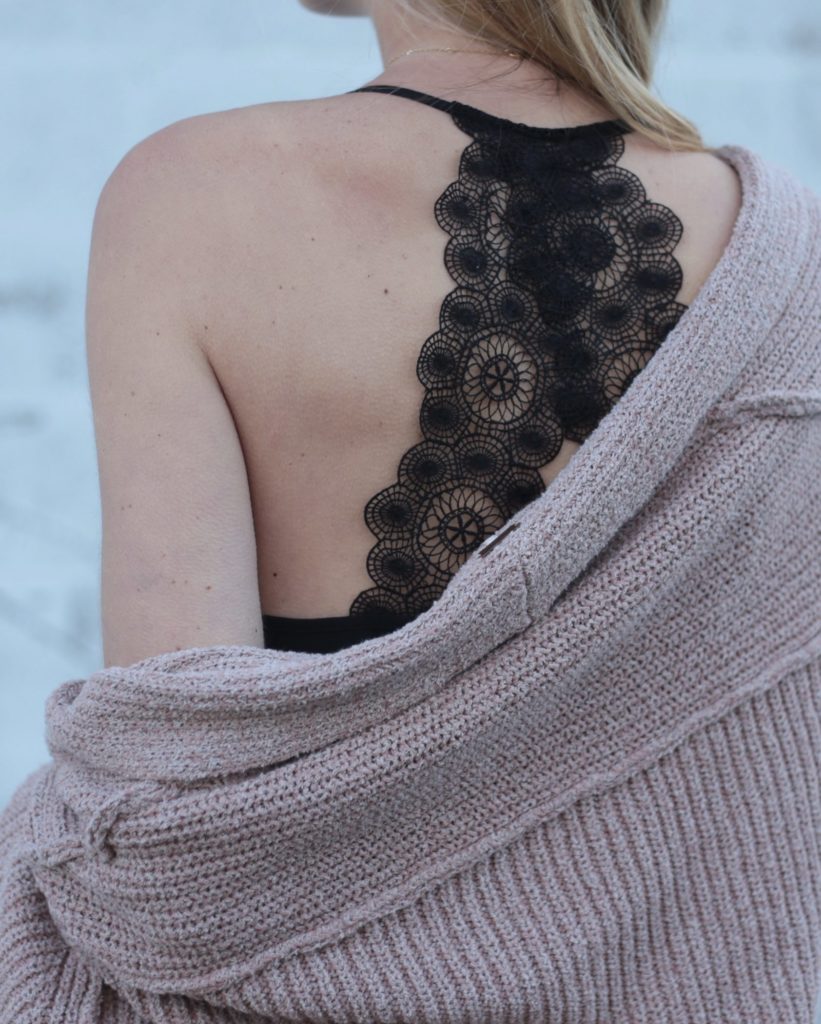 Connecticut life and style blogger, Pinteresting Plans shares 9 pink spring outfits and how to style them. You can check out those and more! black lace racerback cami with slouchy pink free people cardigan