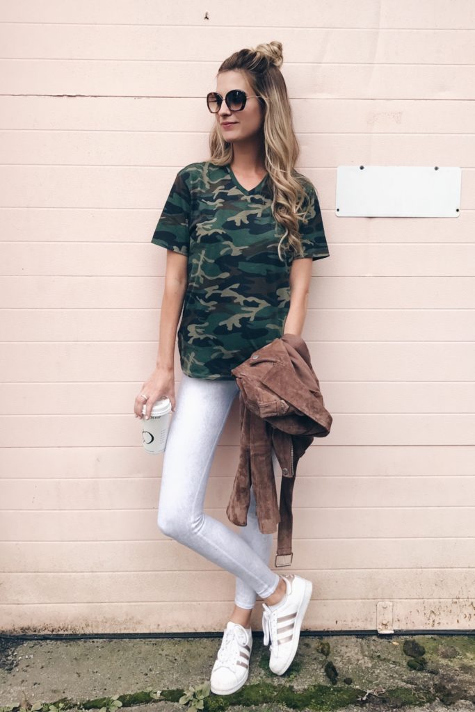 her athleisure wear - camo tee shirt 