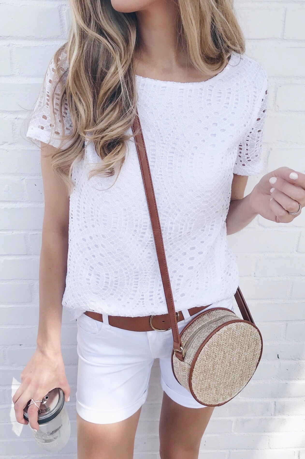 white lace tee with white denim shorts 