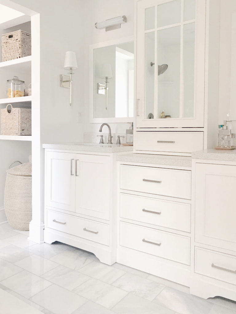 White Vanity With Tower Custom Look, Double Vanity With Storage Tower Cabinet