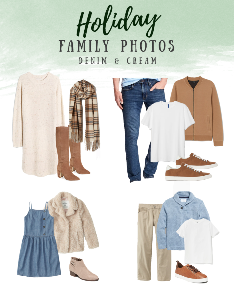 Holiday photo outfit ideas for the family - neutral cream and blue denim outfits theme
