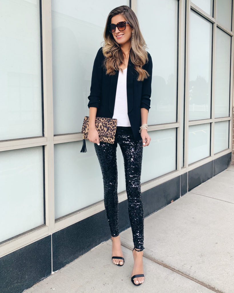 Express ruched sleeve black boyfriend blazer with white downtown cami black sequin leggings