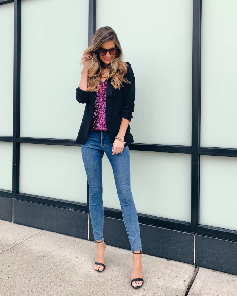 express cabernet sequin v-neck cami with black ruched sleeve boyfriend blazer and zip ankle jeans