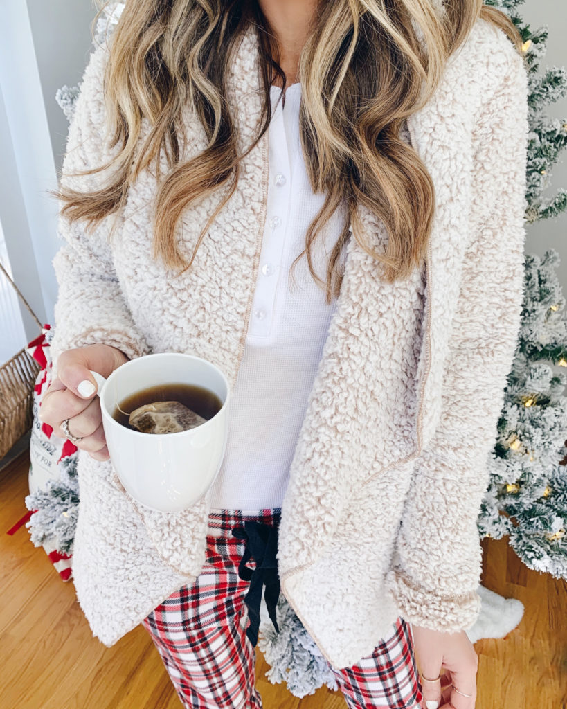 womens jockey cozy taupe sherpa cardigan with white henley and plaid flannel pants