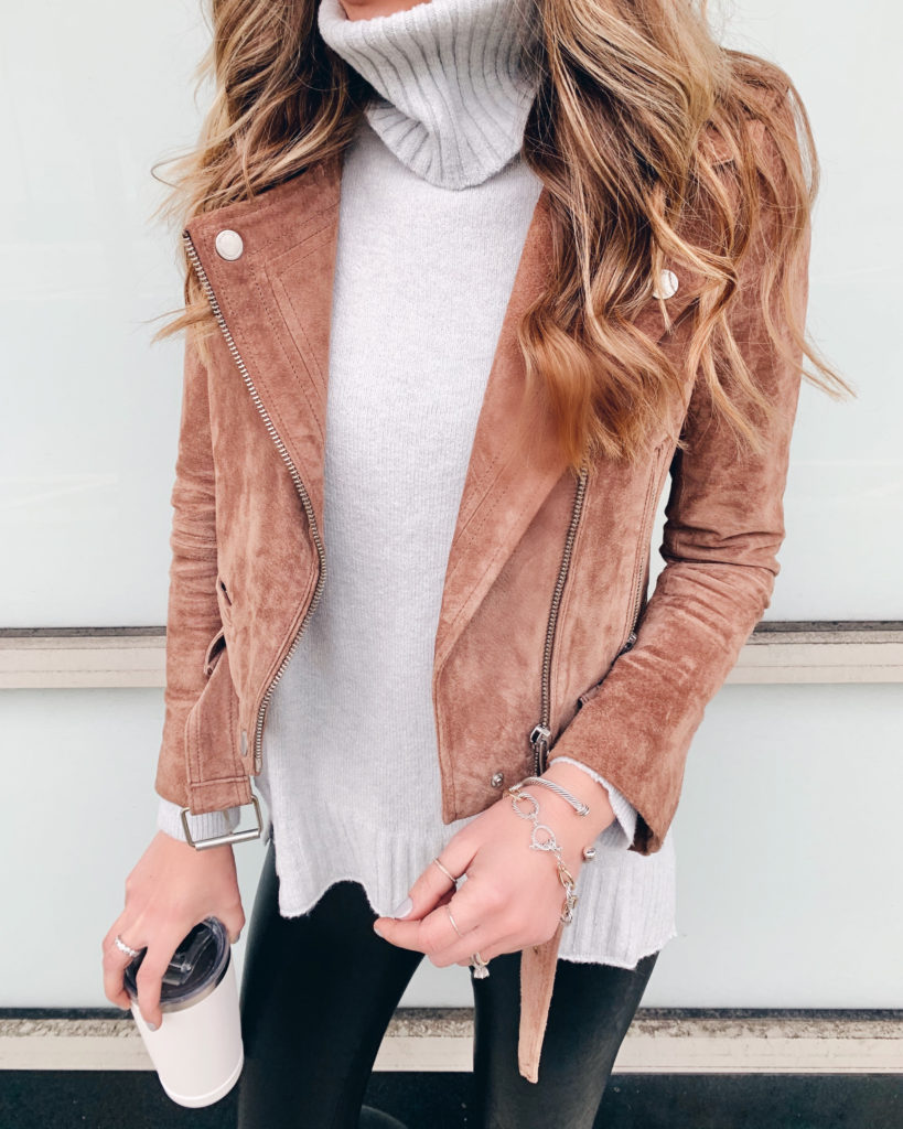 nordstrom bp grey longline turtleneck sweater with blanknyc coffee bean next level suede moto jacket